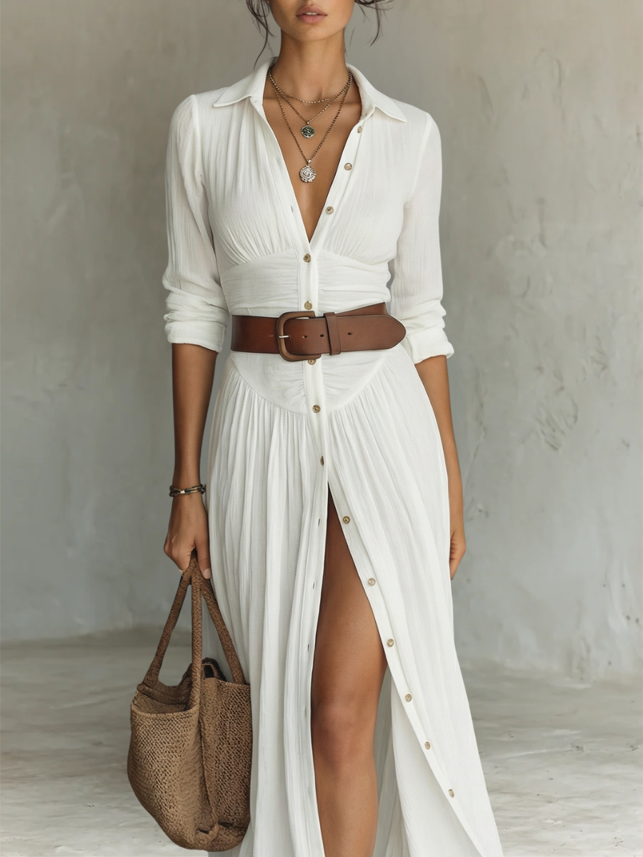 VELLORÉ | Vestido maxi largo con cuello de solapa y mangas largas de lino para mujer