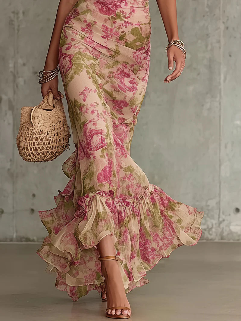 VELLORÉ | Vestido maxi con estampado de rosas vintage y mangas abullonadas (accesorios no incluidos)