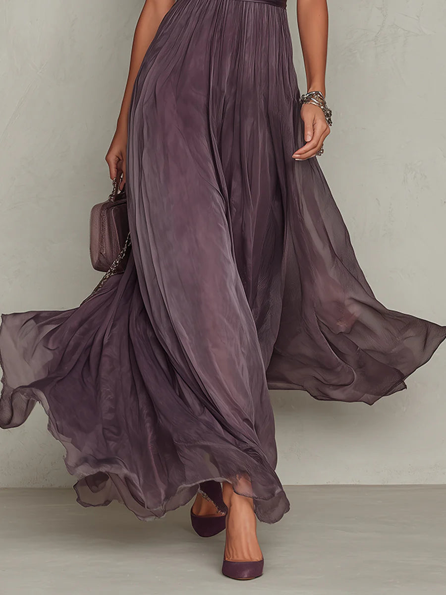 VELLORÉ | Flavia • Vestido largo morado con escote en forma de llave, borde de encaje de chiffon