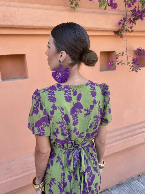VELLORÉ | Loren - Vestido midi vibrante con mangas abullonadas