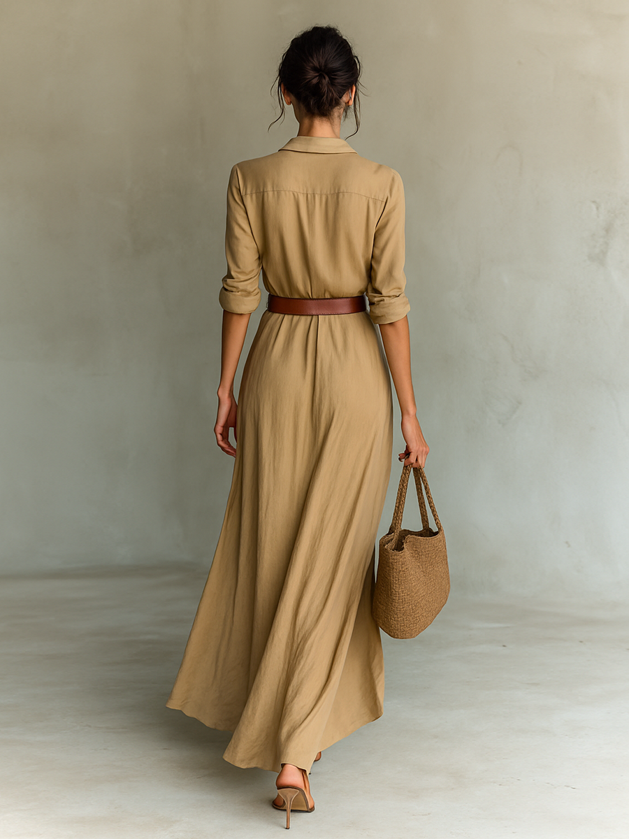 VELLORÉ | Vestido maxi de mujer con cuello tipo solapa, cierre delantero sencillo, mangas largas