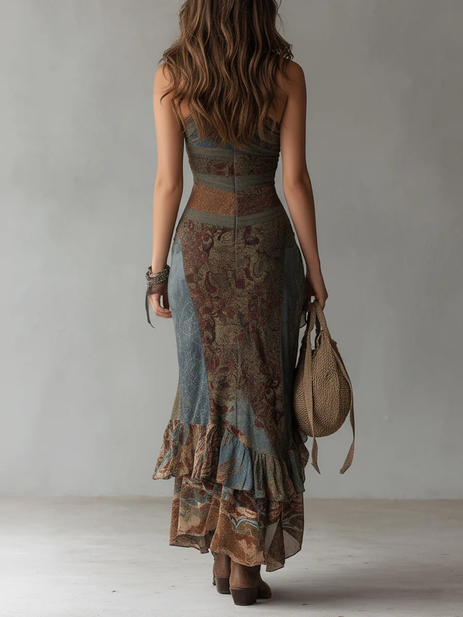 VELLORÉ | Elena ∙ Vestido largo de un solo hombro estampado en estilo étnico con abertura alta