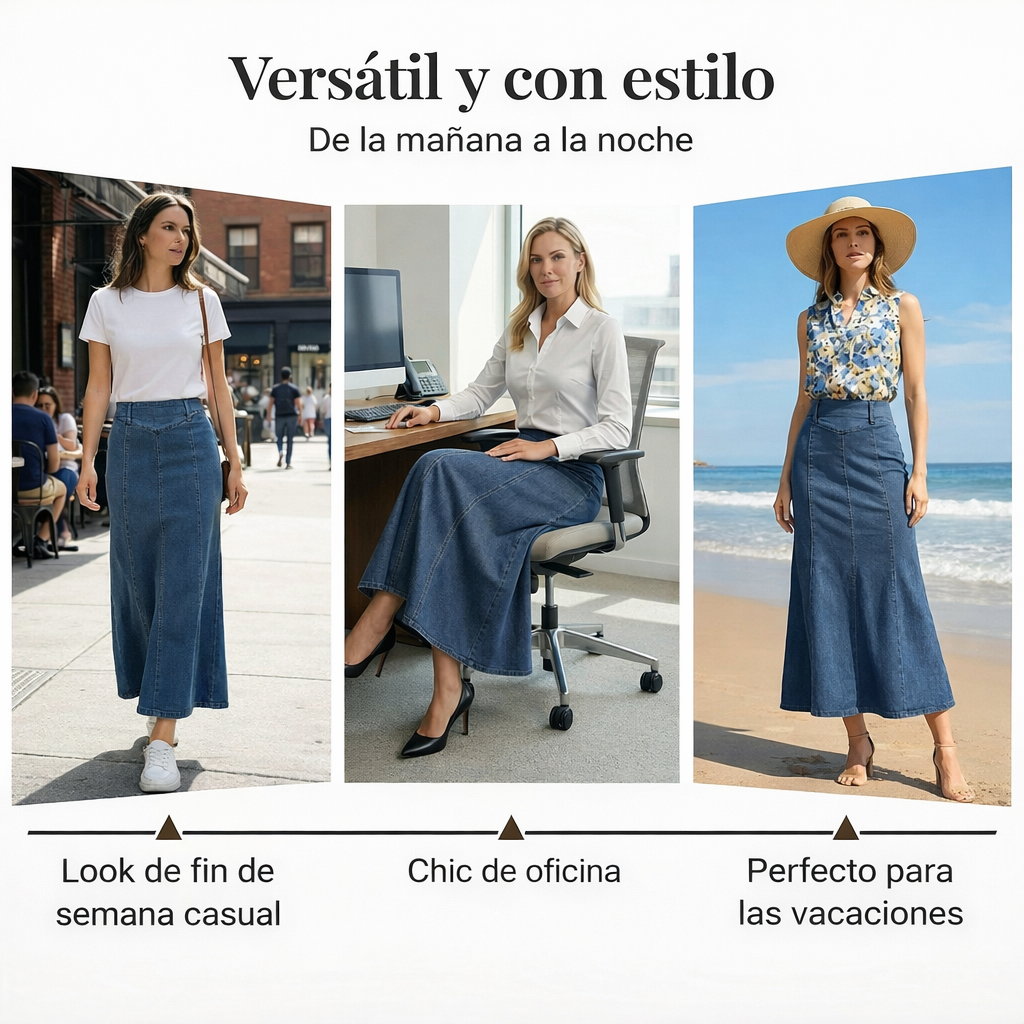 VELLORÉ | Mía - Falda vaquera midi en línea A de cintura alta