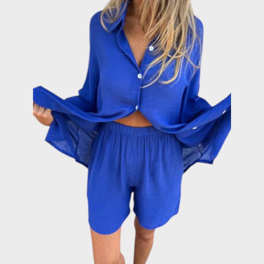 VELLORÉ | Conjunto de camisa y pantalones cortos de lino Nora — Estilo veraniego sin esfuerzo (SOLO HOY 3X2)