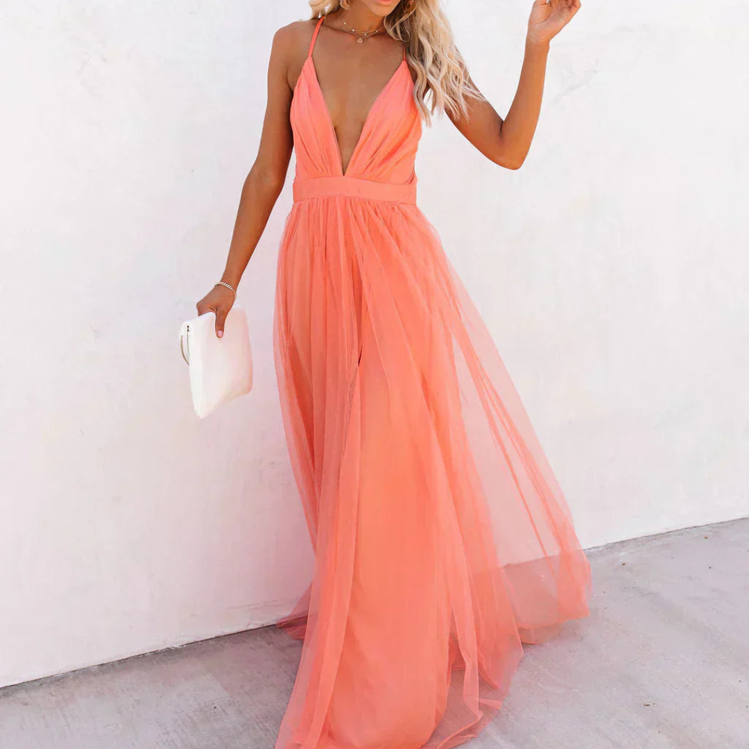 VELLORÉ | Vestido Maxi Luminoso Coral