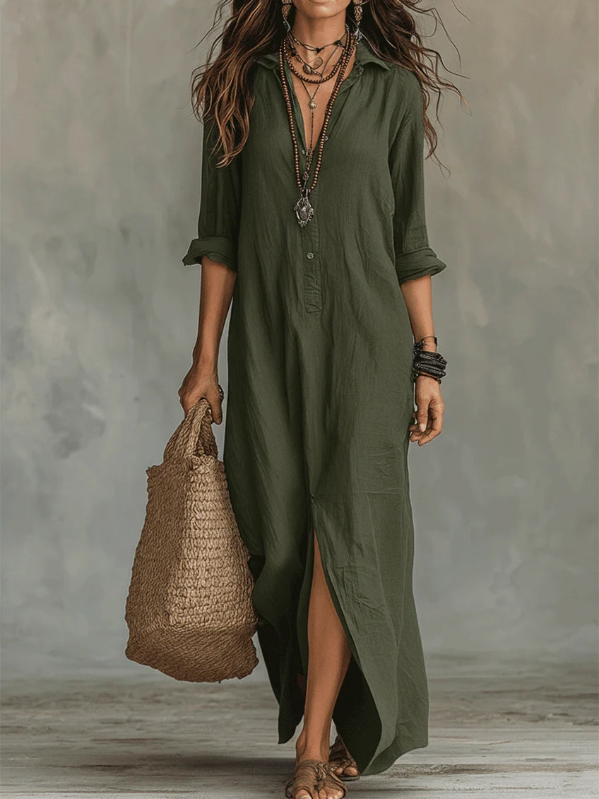 VELLORÉ | Vestido maxi verde holgado con botones