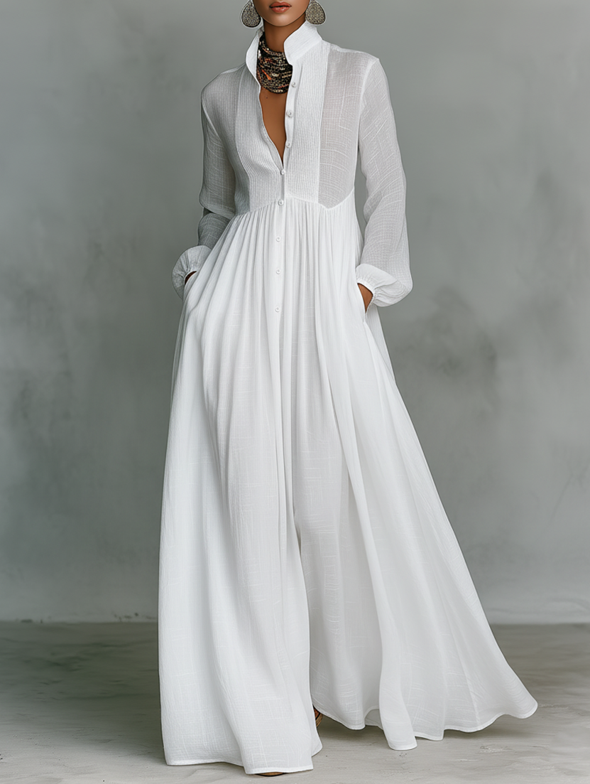 VELLORÉ | Elisa – Exclusiva Maxi Minimalista de Algodón con Patchwork, Cuello Alto y Mangas Largas