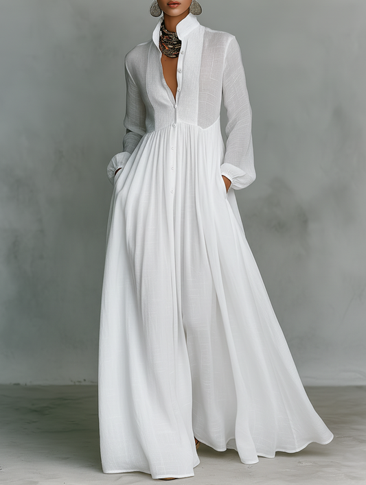 VELLORÉ | Elisa – Exclusiva Maxi Minimalista de Algodón con Patchwork, Cuello Alto y Mangas Largas