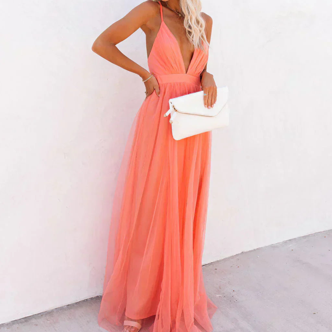 VELLORÉ | Vestido Maxi Luminoso Coral