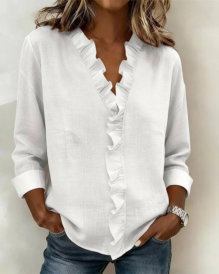 VELLORÉ | Blusa elegante con escote en V y volantes, mangas largas