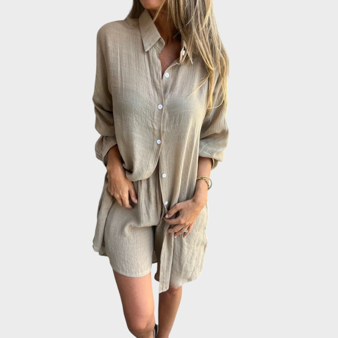 VELLORÉ | Conjunto de camisa y pantalones cortos de lino Nora — Estilo veraniego sin esfuerzo (SOLO HOY 3X2)