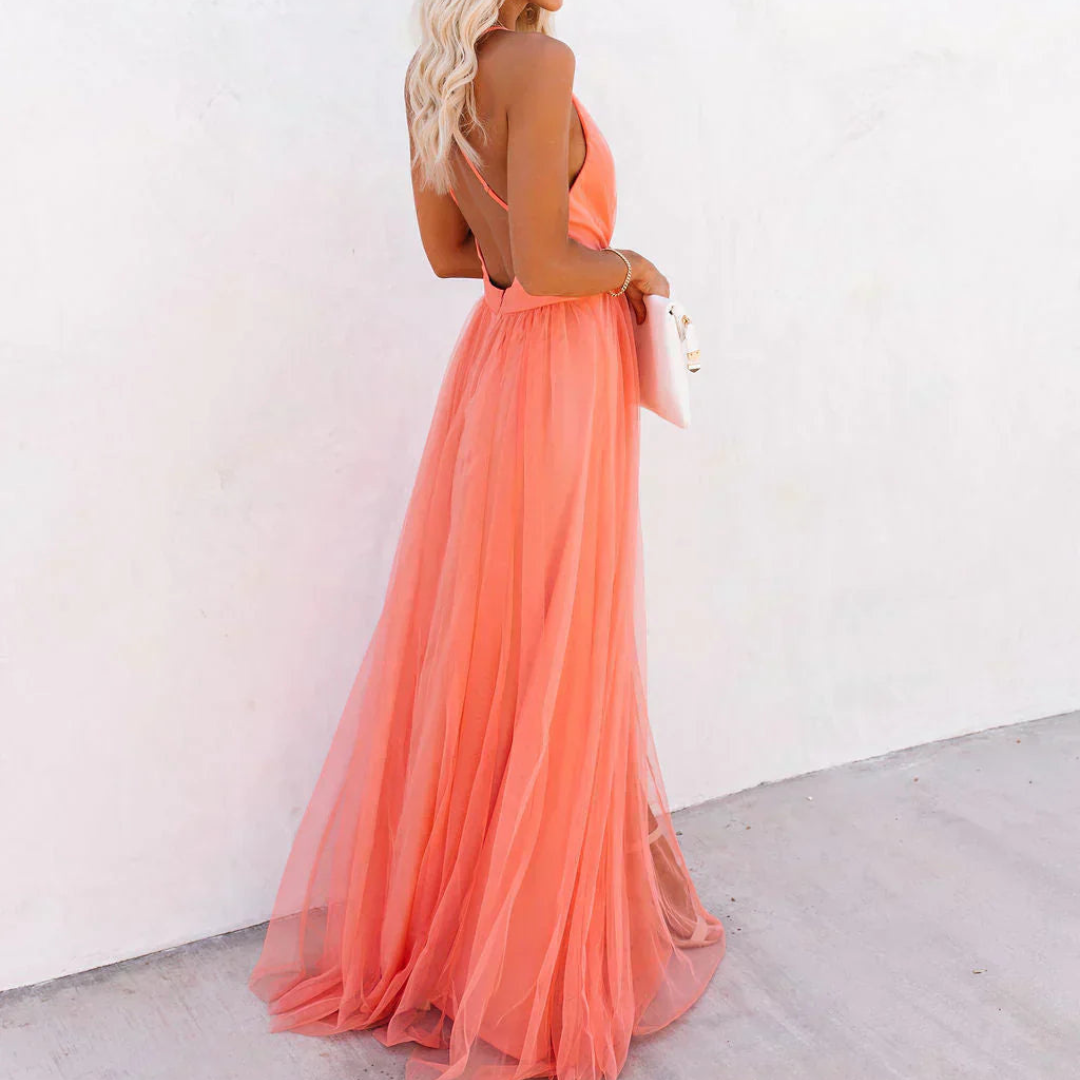 VELLORÉ | Vestido Maxi Luminoso Coral