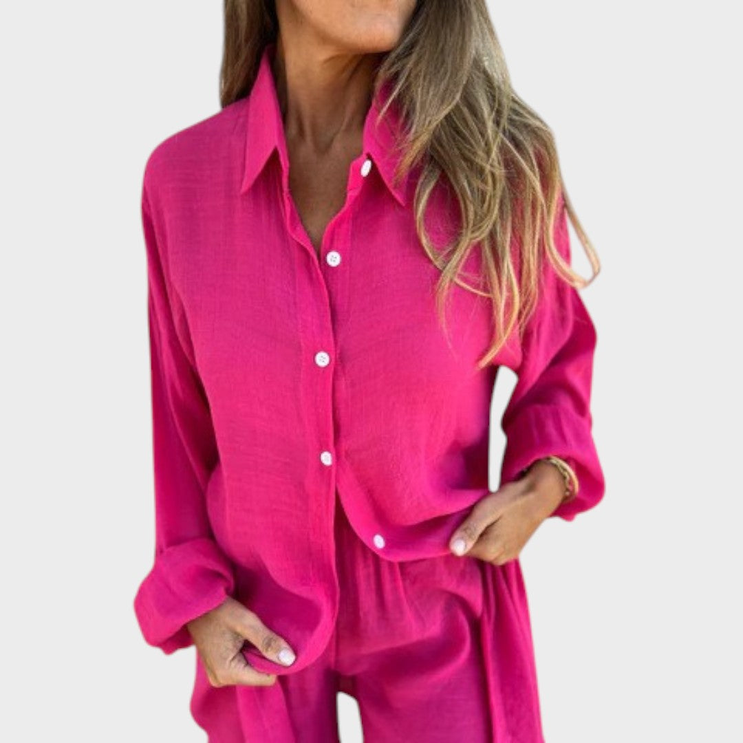 VELLORÉ | Conjunto de camisa y pantalones cortos de lino Nora — Estilo veraniego sin esfuerzo (SOLO HOY 3X2)