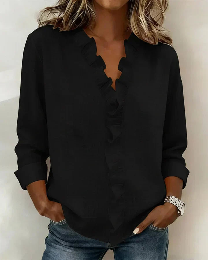 VELLORÉ | Blusa elegante con escote en V y volantes, mangas largas