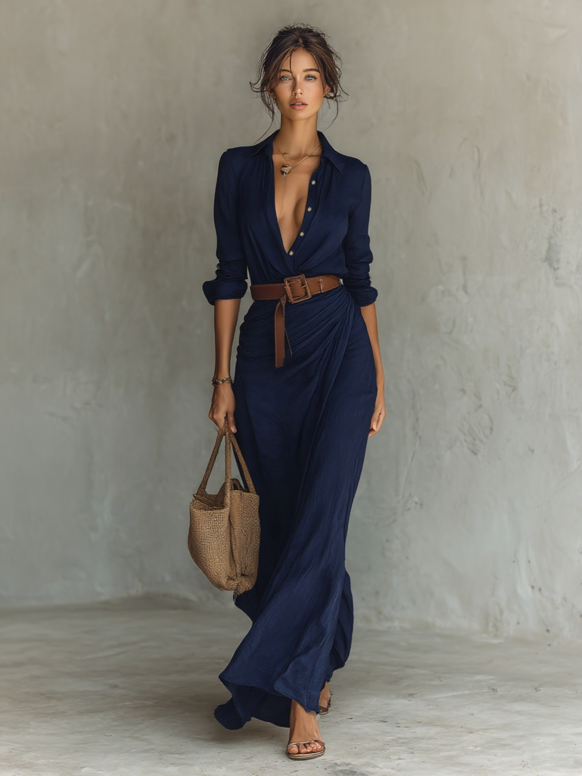VELLORÉ | Vestido maxi de mujer con cuello tipo solapa, cierre delantero sencillo, mangas largas