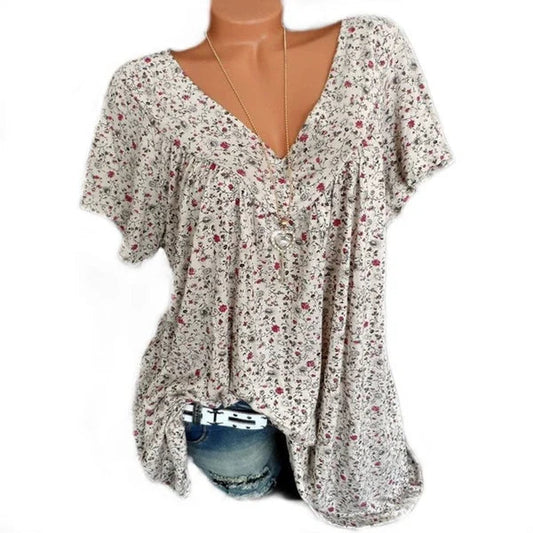 VELLORÉ | Camiseta de verano para mujeres con escote en V, de manga corta, estampada, estilo casual