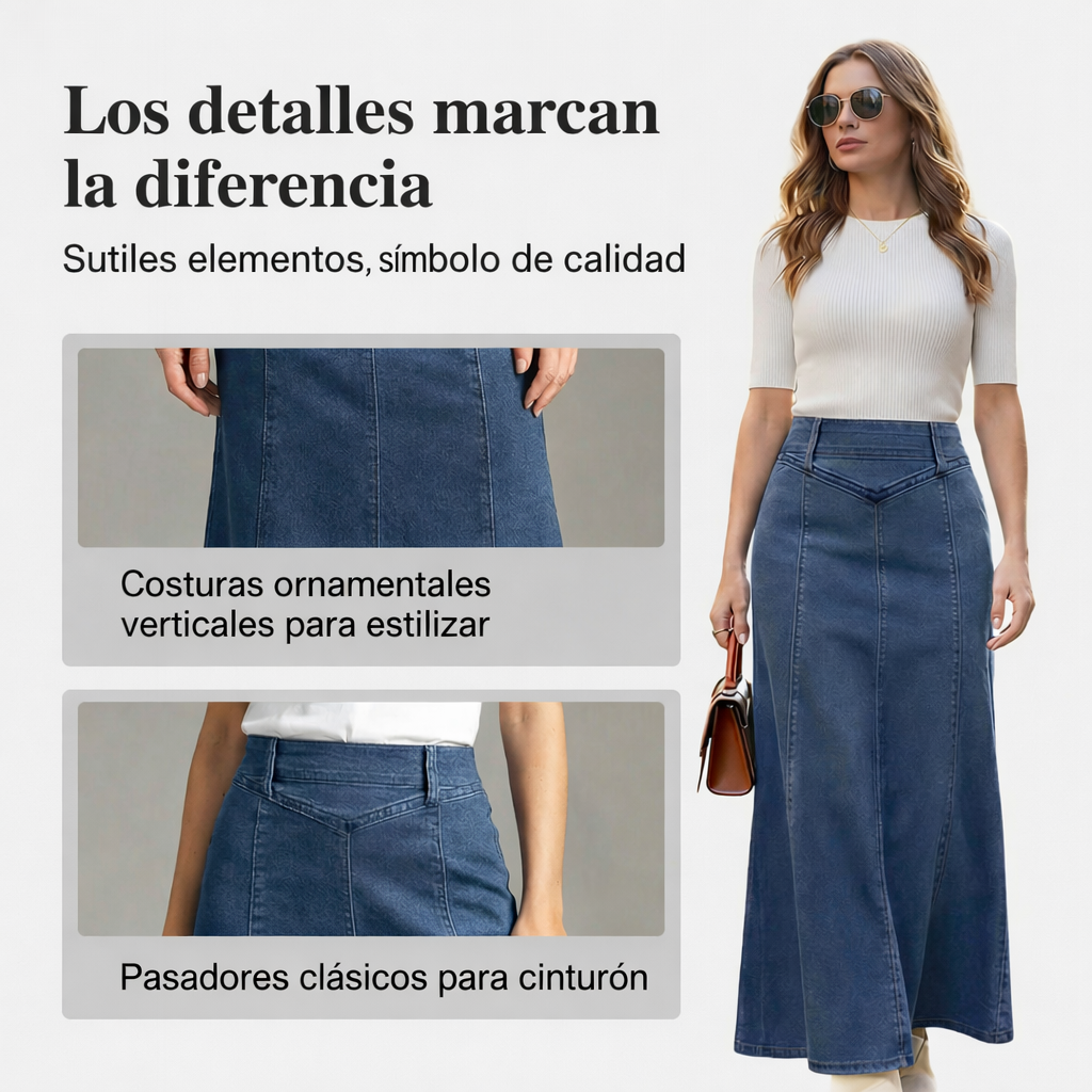 VELLORÉ | Mía - Falda vaquera midi en línea A de cintura alta
