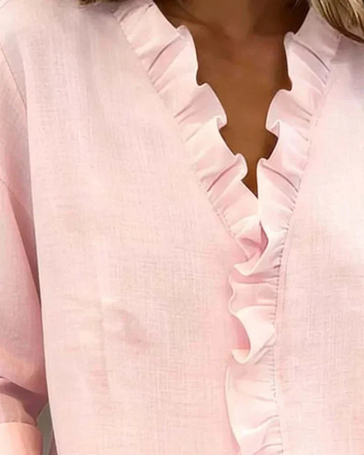 VELLORÉ | Blusa elegante con escote en V y volantes, mangas largas
