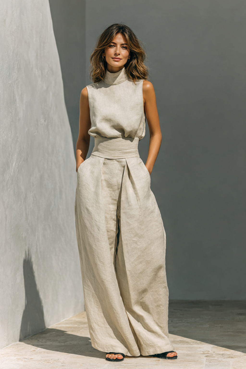 VELLORÉ | Maria - Conjunto de top sin mangas y pantalones anchos en algodón y lino minimalista para mujer