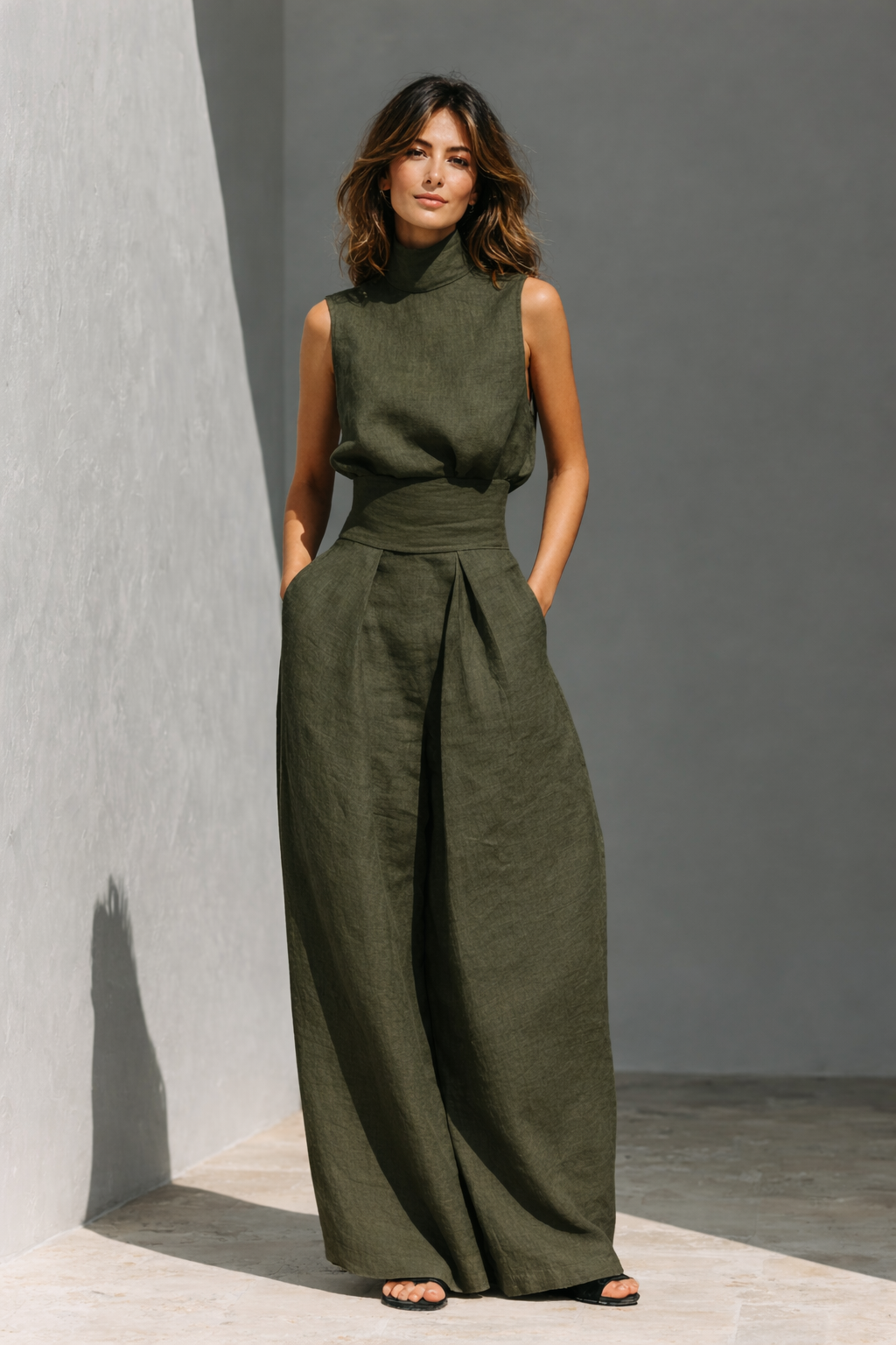 VELLORÉ | Maria - Conjunto de top sin mangas y pantalones anchos en algodón y lino minimalista para mujer