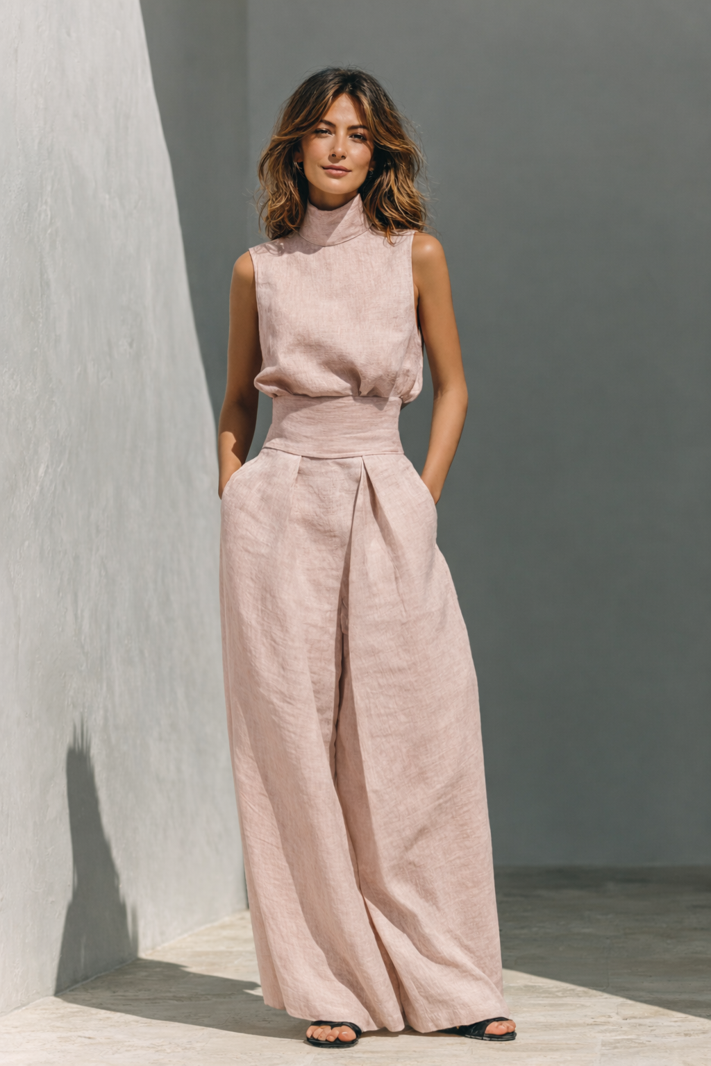 VELLORÉ | Maria - Conjunto de top sin mangas y pantalones anchos en algodón y lino minimalista para mujer
