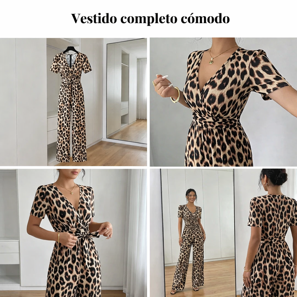 VELLORÉ | 🎁Novedad: 50 % de descuento 💥 Mono con escote en V y piernas anchas, estampado de leopardo