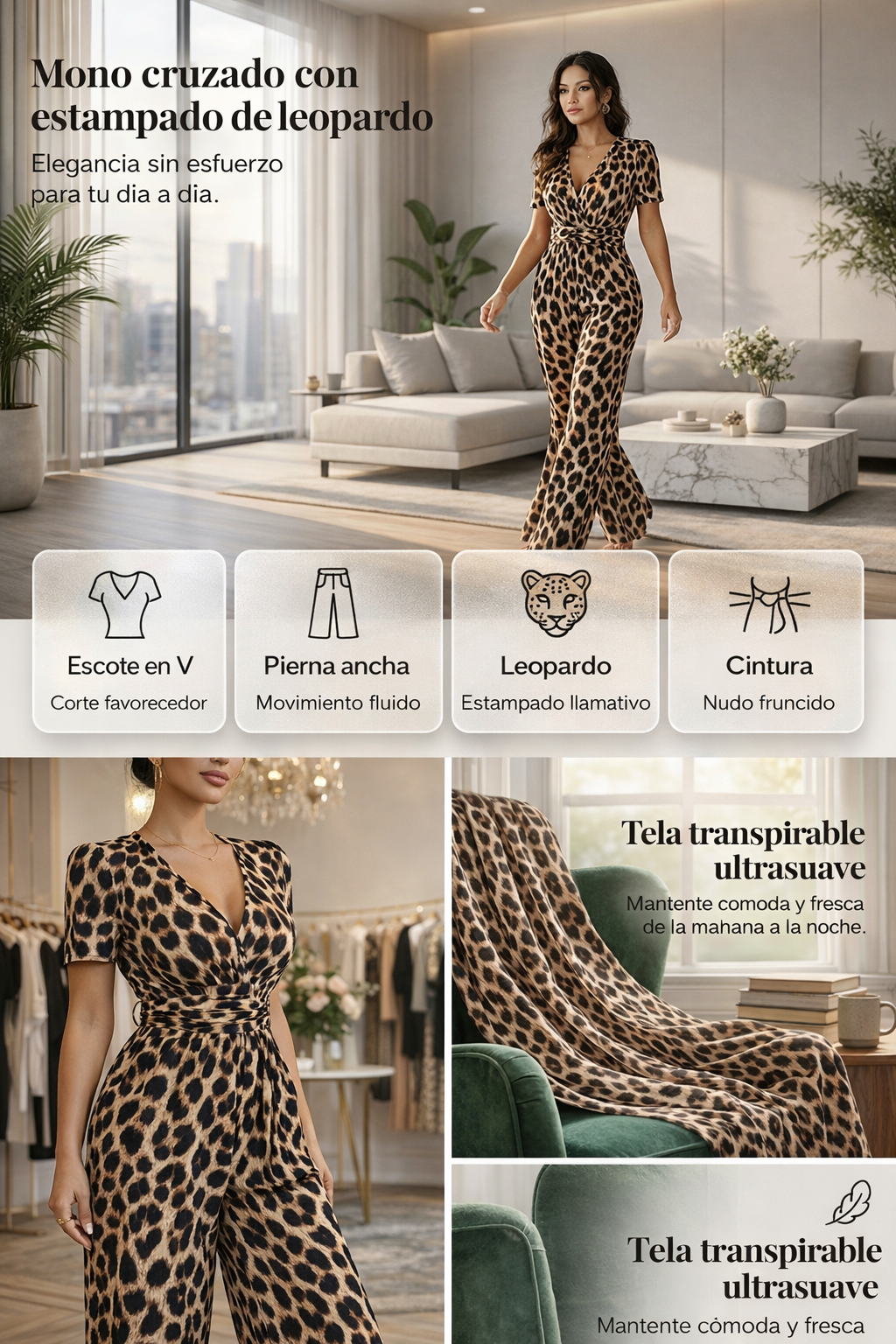VELLORÉ | 🎁Novedad: 50 % de descuento 💥 Mono con escote en V y piernas anchas, estampado de leopardo