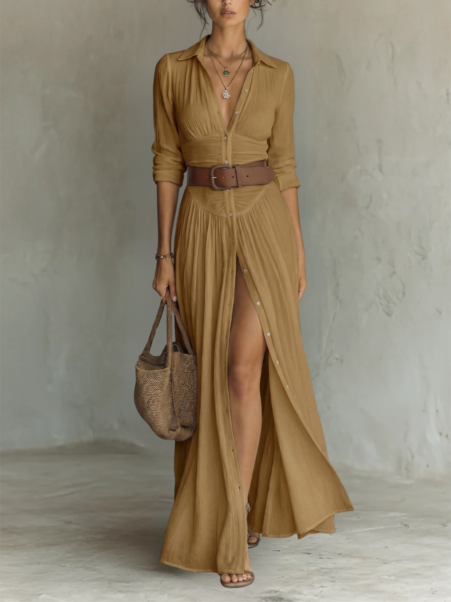 VELLORÉ | Vestido maxi largo con cuello de solapa y mangas largas de lino para mujer