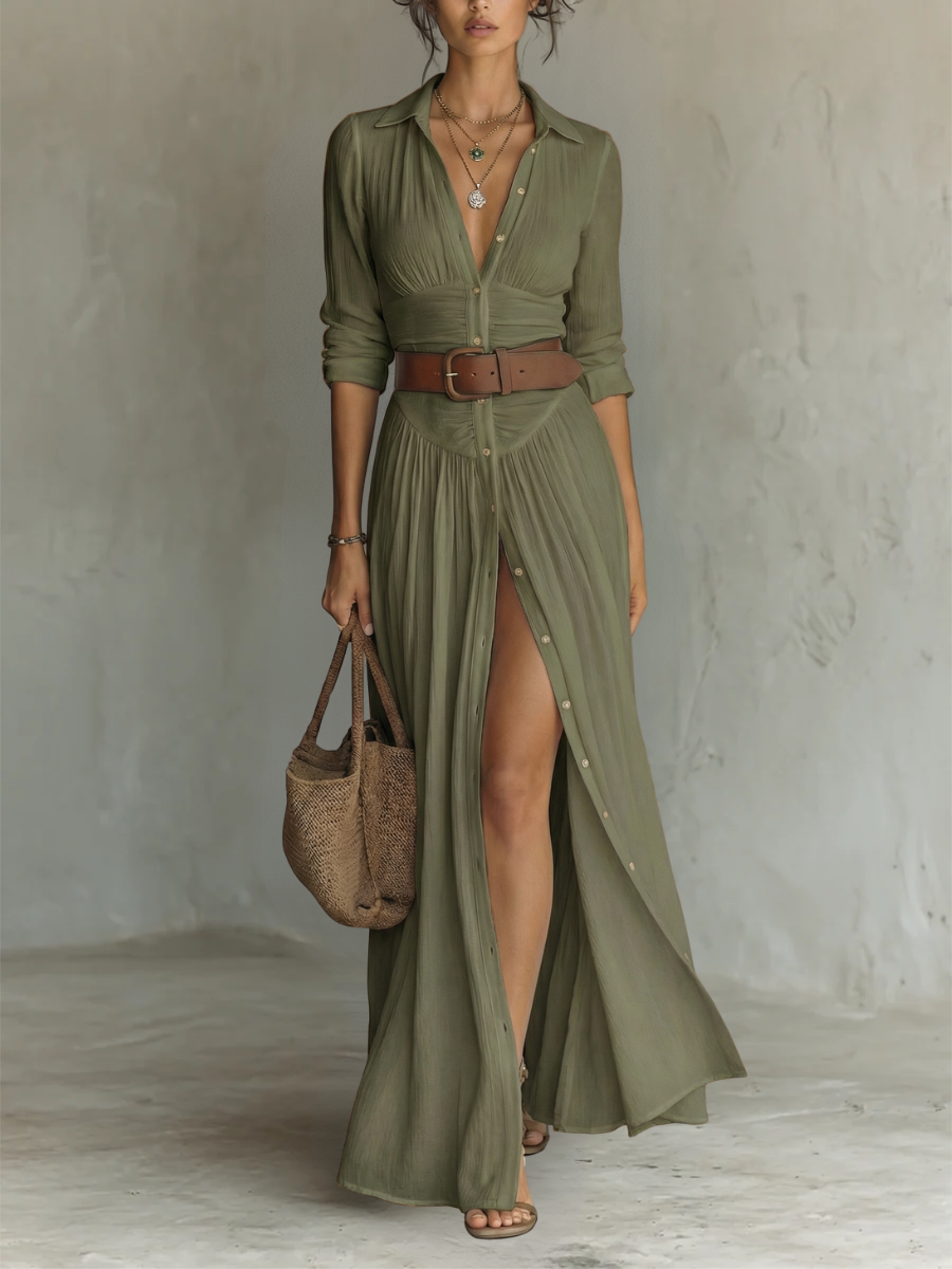 VELLORÉ | Vestido maxi largo con cuello de solapa y mangas largas de lino para mujer