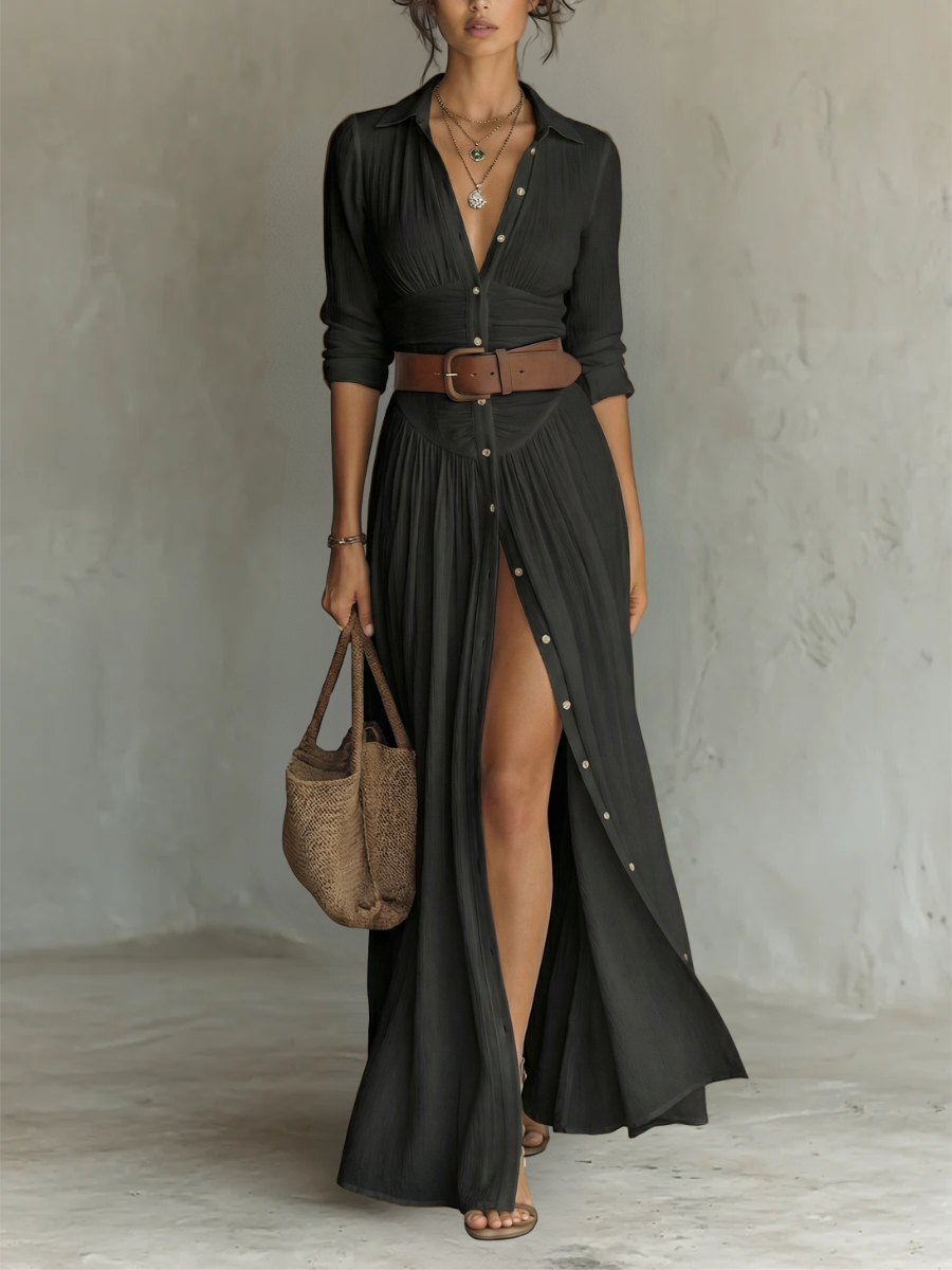 VELLORÉ | Vestido maxi largo con cuello de solapa y mangas largas de lino para mujer
