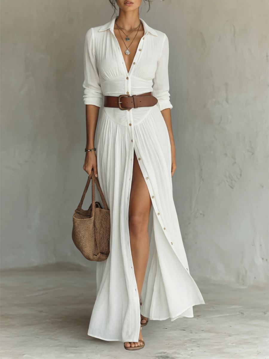 VELLORÉ | Vestido maxi largo con cuello de solapa y mangas largas de lino para mujer