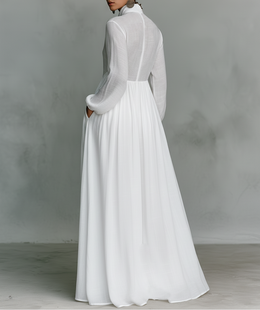 VELLORÉ | Elisa – Exclusiva Maxi Minimalista de Algodón con Patchwork, Cuello Alto y Mangas Largas