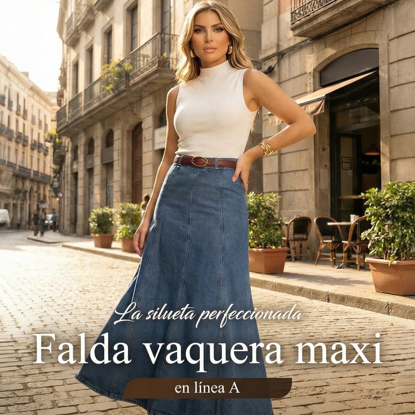 VELLORÉ | Mía - Falda vaquera midi en línea A de cintura alta