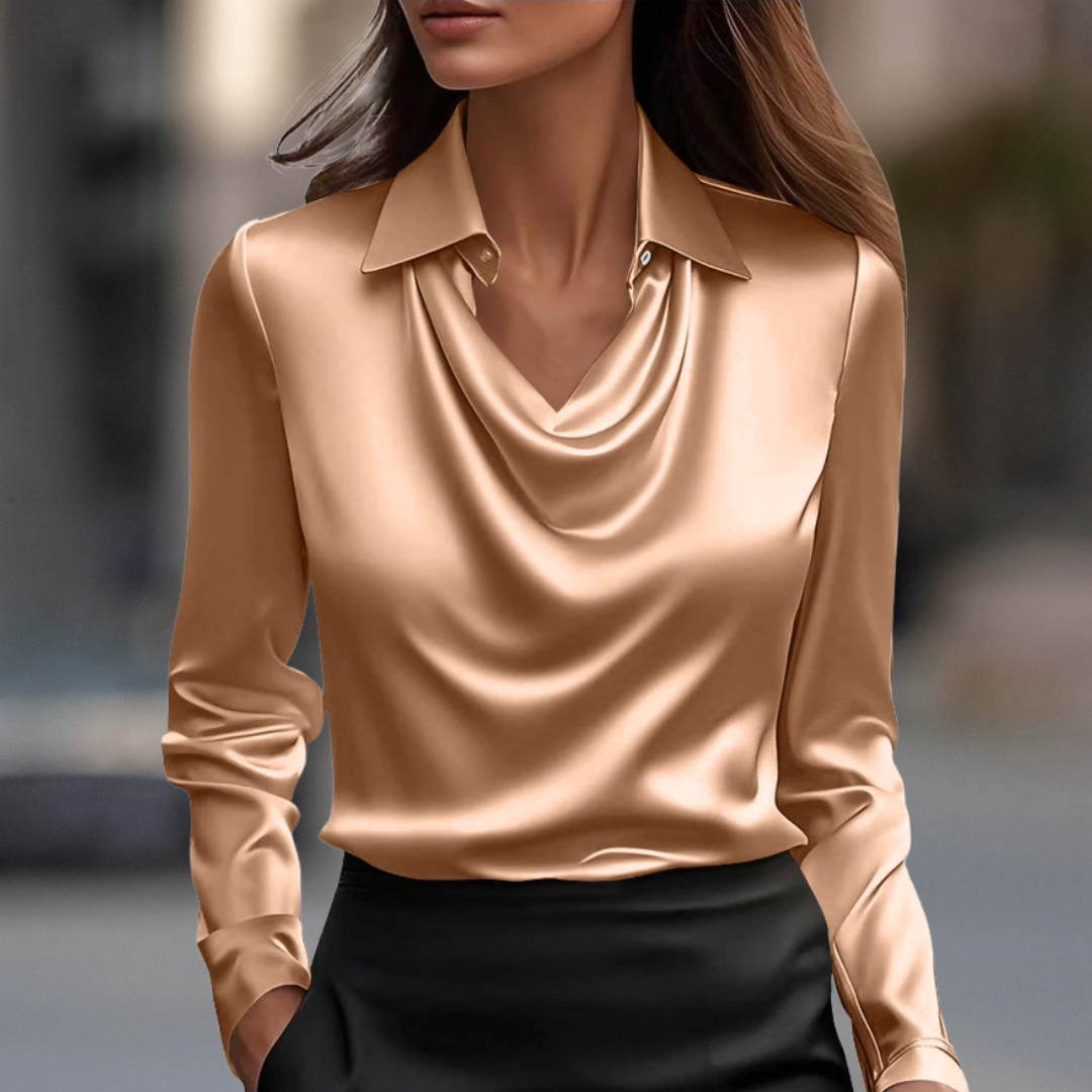 VELLORÉ | Blusa de satén sedoso con escote drapeado, estilo Milán