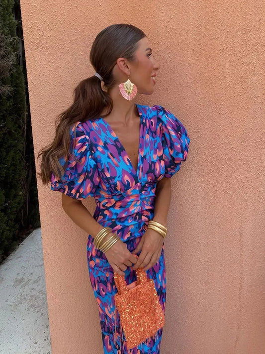 VELLORÉ | Loren - Vestido midi vibrante con mangas abullonadas