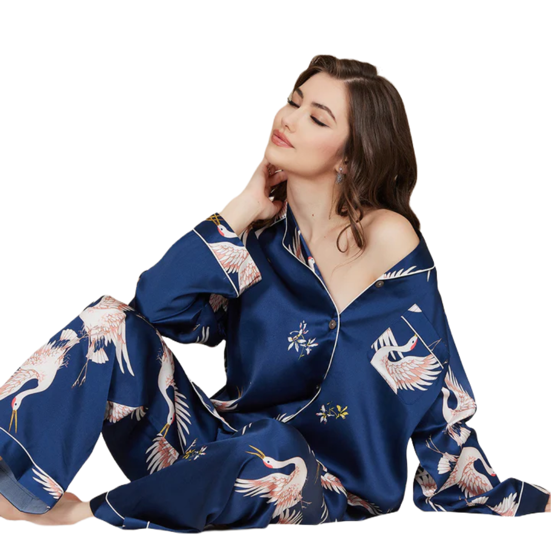 VELLORÉ | Pijama de seda de manga larga con estampado de grulla
