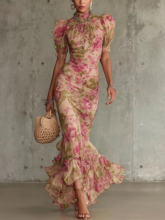 VELLORÉ | Vestido maxi con estampado de rosas vintage y mangas abullonadas (accesorios no incluidos)
