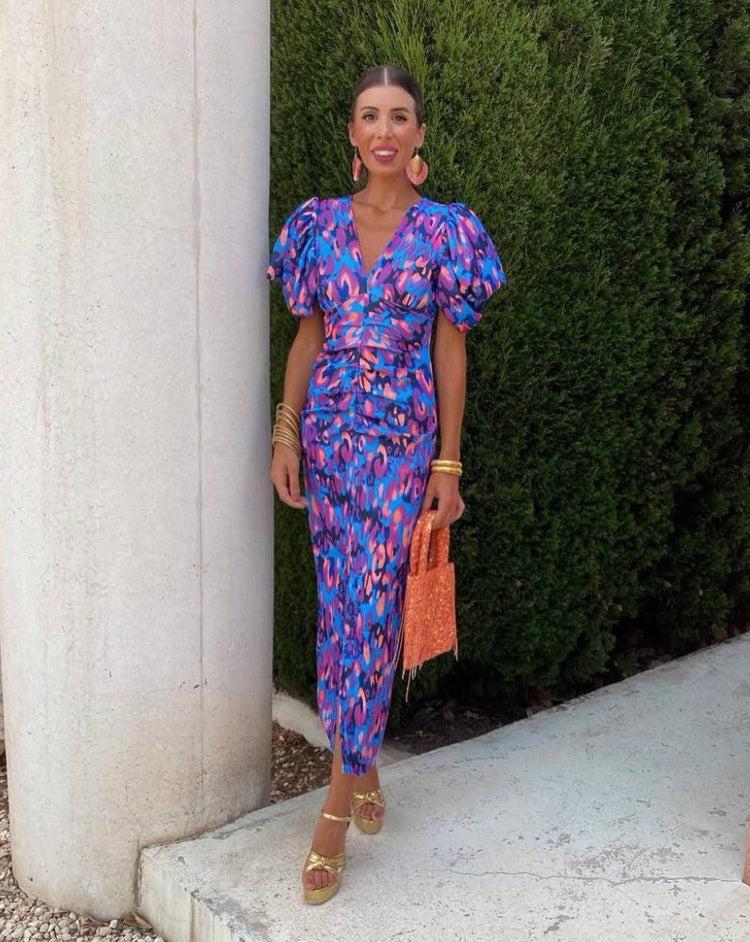 VELLORÉ | Loren - Vestido midi vibrante con mangas abullonadas