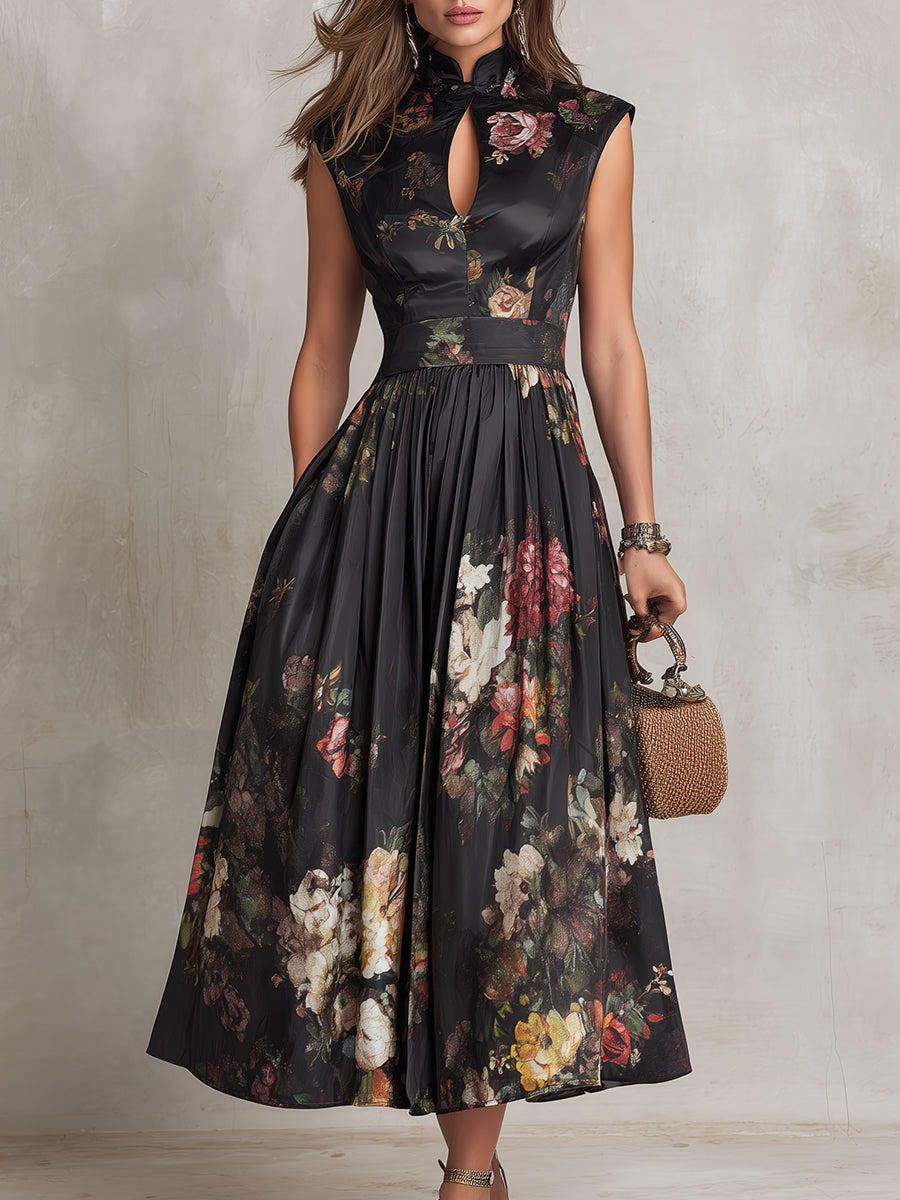 VELLORÉ | Vestido midi de satén plisado negro con escote tipo ojo de cerradura y estampado floral