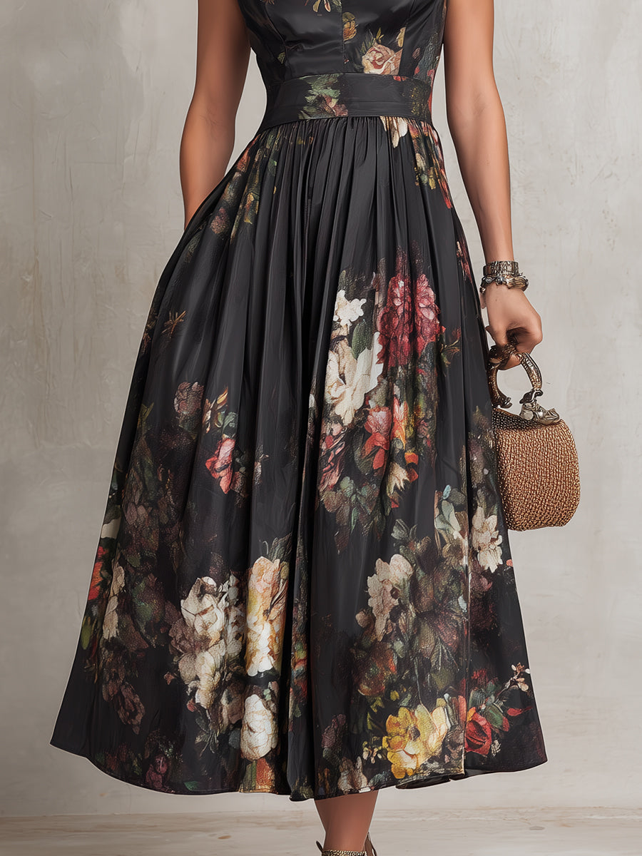 VELLORÉ | Vestido midi de satén plisado negro con escote tipo ojo de cerradura y estampado floral