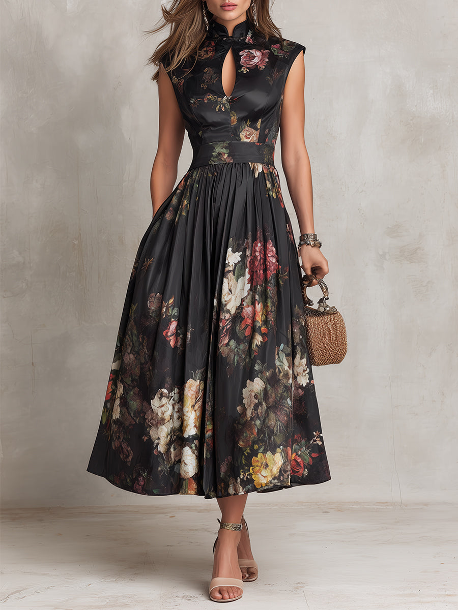 VELLORÉ | Vestido midi de satén plisado negro con escote tipo ojo de cerradura y estampado floral