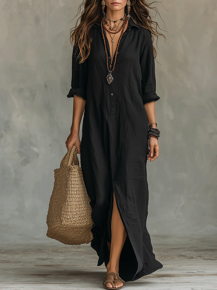 VELLORÉ | Vestido maxi verde holgado con botones