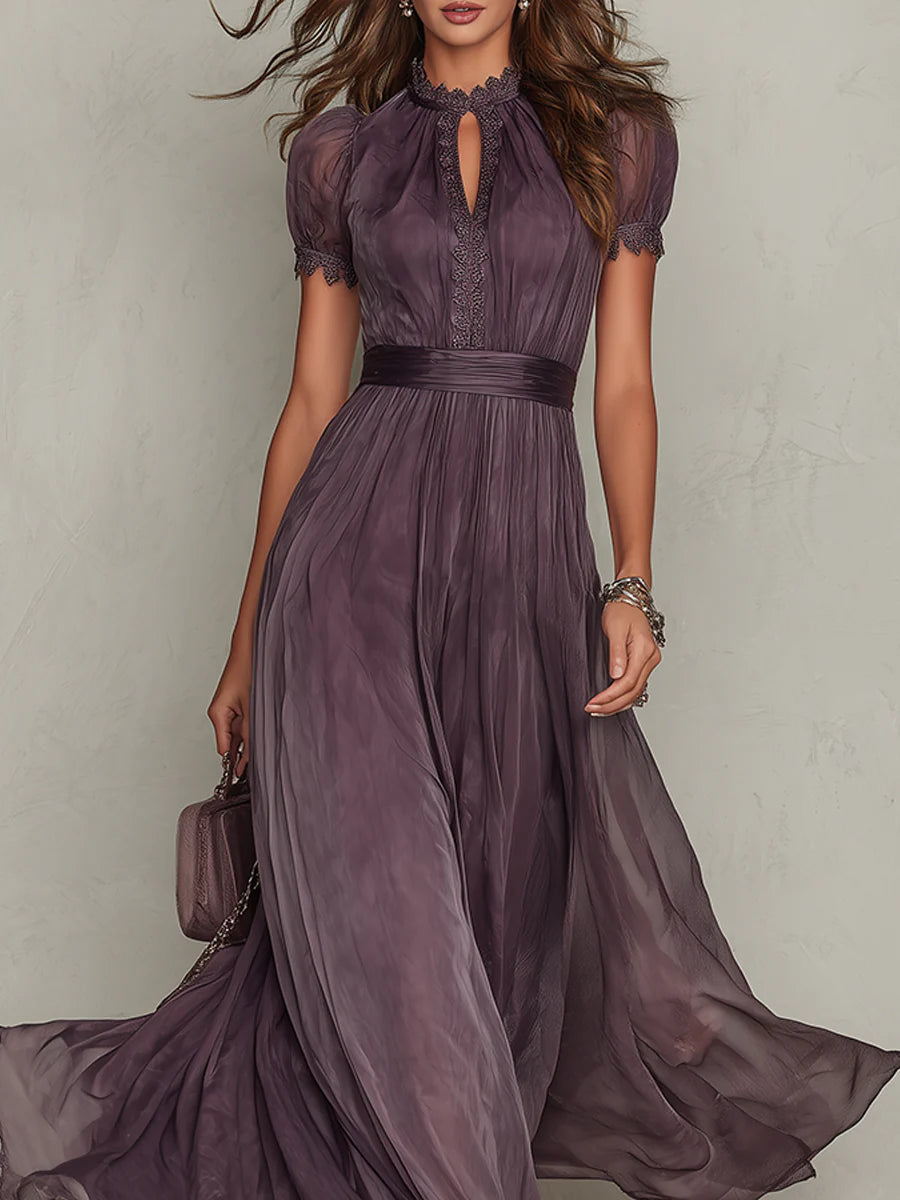 VELLORÉ | Flavia • Vestido largo morado con escote en forma de llave, borde de encaje de chiffon
