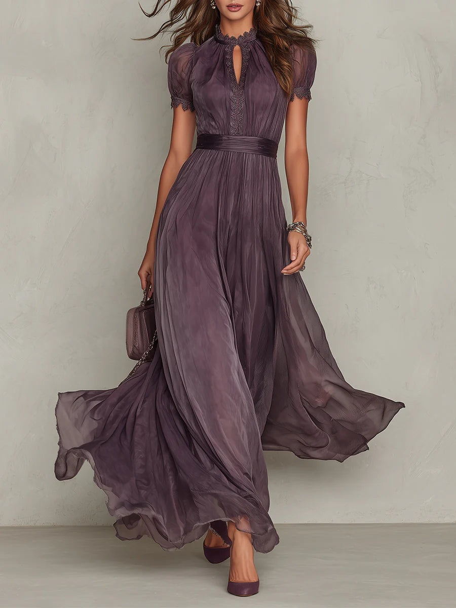 VELLORÉ | Flavia • Vestido largo morado con escote en forma de llave, borde de encaje de chiffon