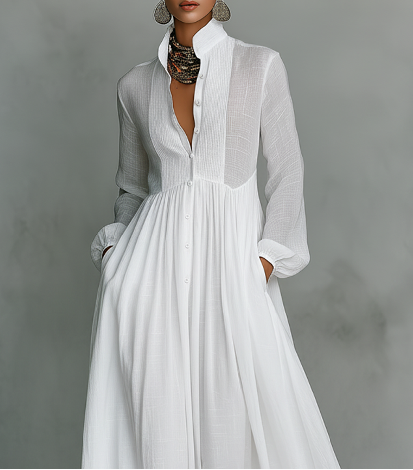 VELLORÉ | Elisa – Exclusiva Maxi Minimalista de Algodón con Patchwork, Cuello Alto y Mangas Largas
