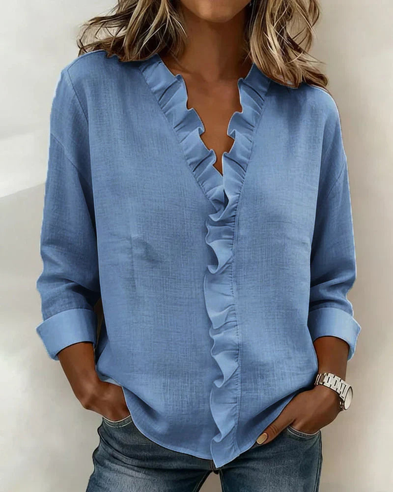 VELLORÉ | Blusa elegante con escote en V y volantes, mangas largas
