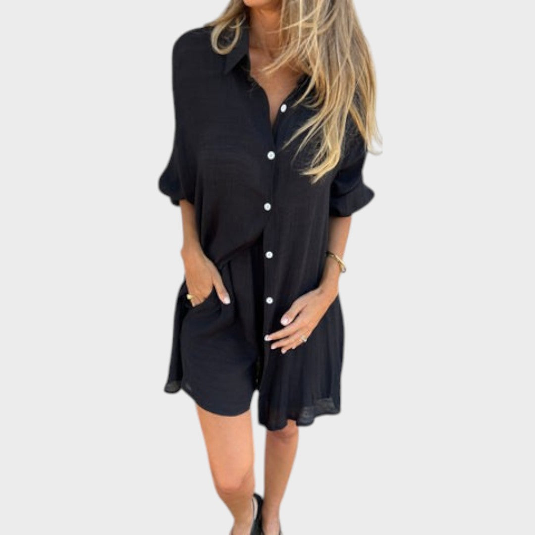 VELLORÉ | Conjunto de camisa y pantalones cortos de lino Nora — Estilo veraniego sin esfuerzo (SOLO HOY 3X2)