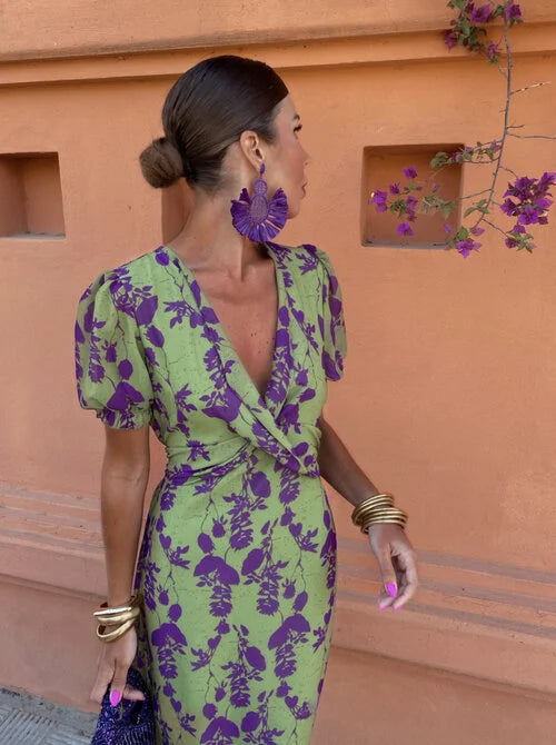 VELLORÉ | Loren - Vestido midi vibrante con mangas abullonadas