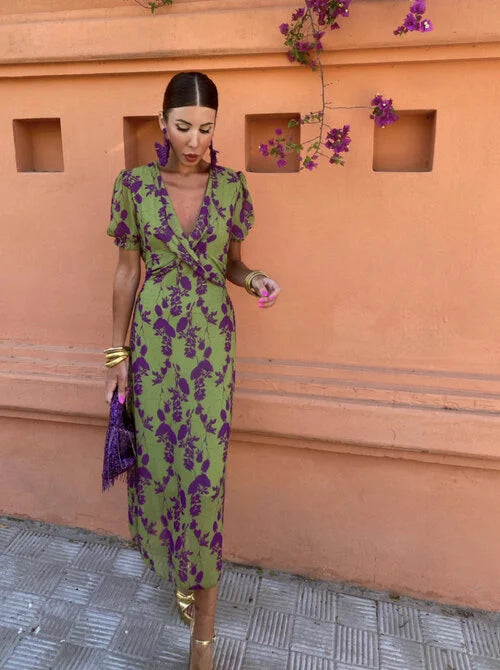 VELLORÉ | Loren - Vestido midi vibrante con mangas abullonadas