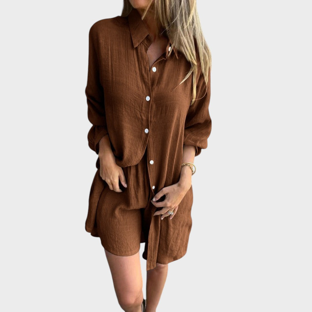 VELLORÉ | Conjunto de camisa y pantalones cortos de lino Nora — Estilo veraniego sin esfuerzo (SOLO HOY 3X2)